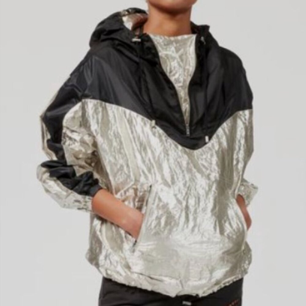 NWT Zara Shiny Silver Metallic Zip Hooded Sport Jacket Windbreaker Anorak L